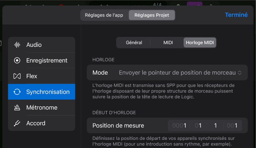 Réglages « Horloge MIDI » du projet de la section Synchronisation.