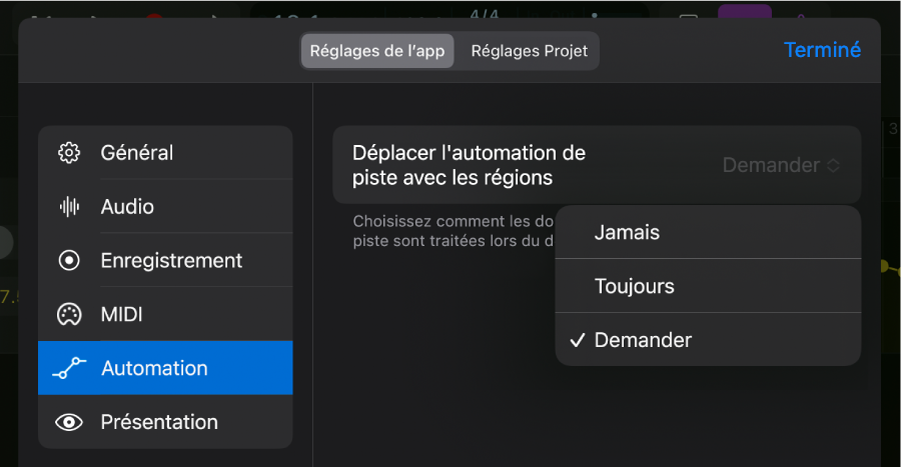 Figure. Section Automation de « Réglages de l’app ».