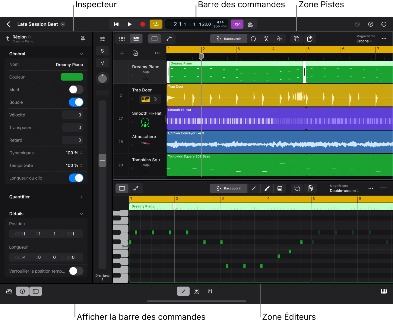 Figure. Projet Logic Pro en cours de lecture, avec la zone de pistes, l’inspecteur et l’éditeur de partition défilante visibles.