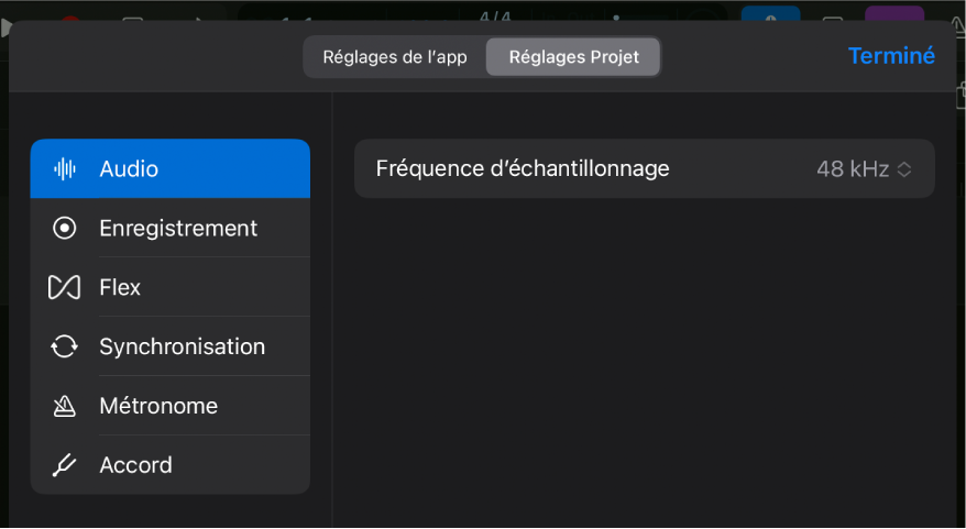 Réglages audio de projet.