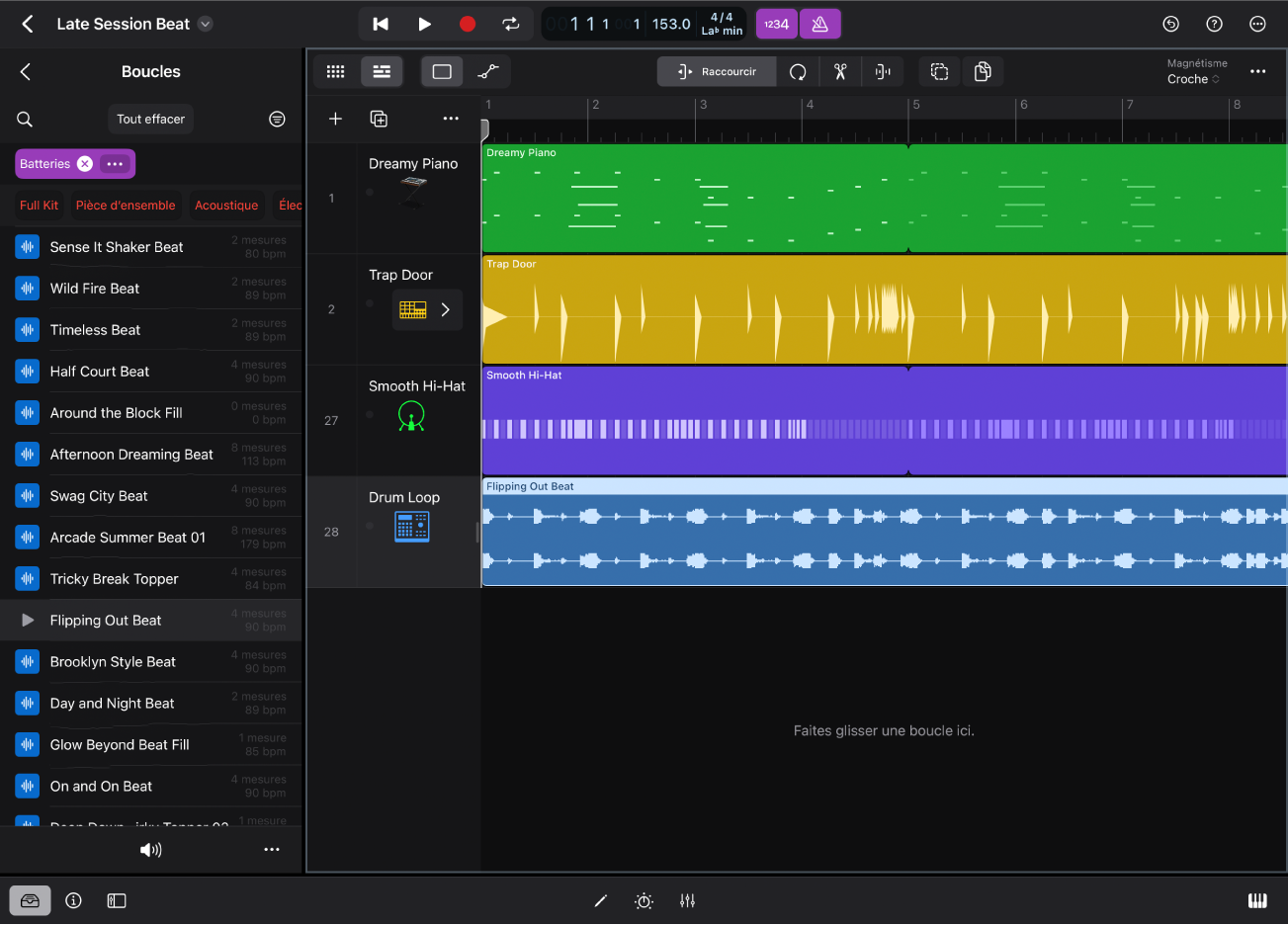 Figure. Logic Pro for iPad montrant la présentation Boucles dans le navigateur.