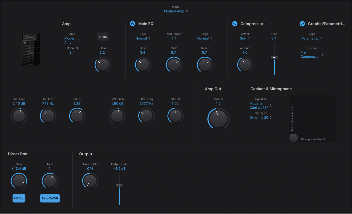 Figure. Fenêtre Bass Amp Designer reprenant les zones principales de l’interface.