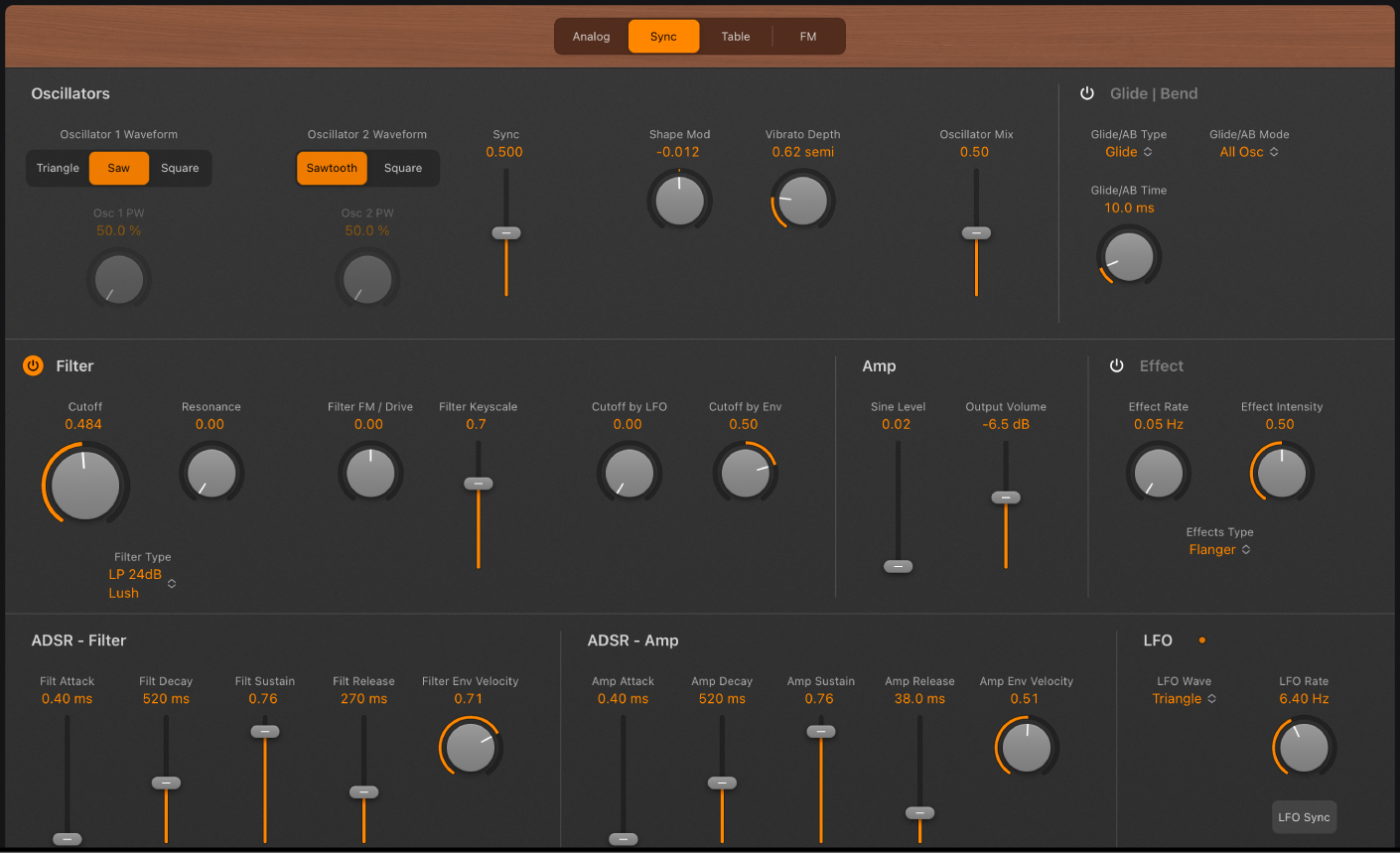 Figure. Paramètres Sync de l’oscillateur analogique Retro Synth.