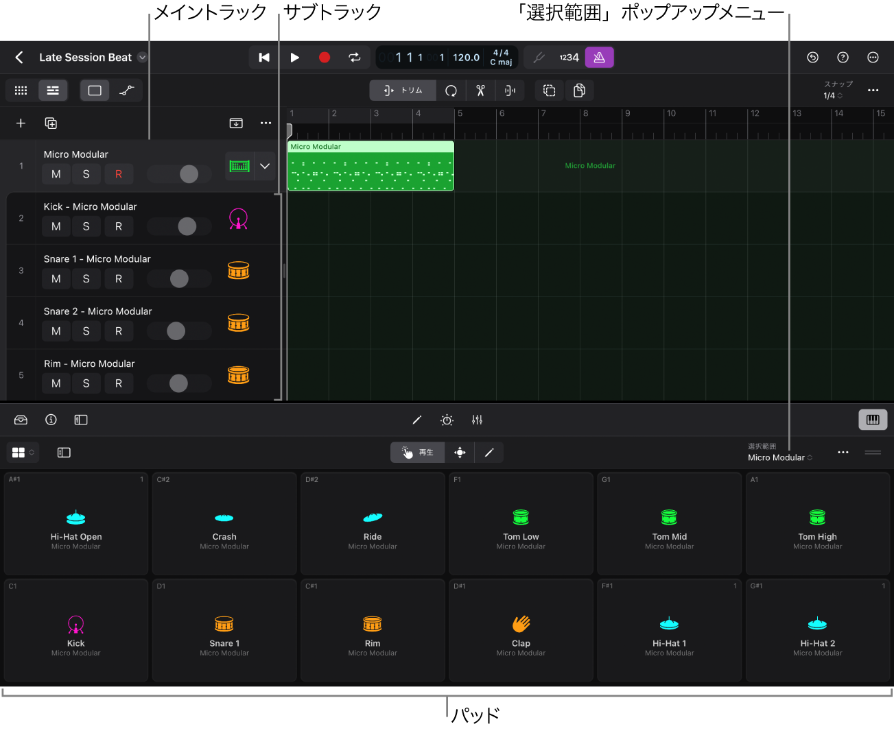 展開されたTrack StackとDrum Machine Designerのプレイサーフェス。