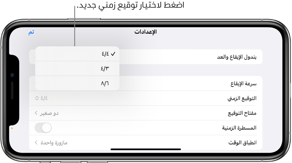 عناصر التحكم في التوقيع الزمني في إعدادات الأغاني