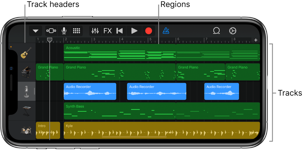 Tracks view, showing tracks, headers and regions