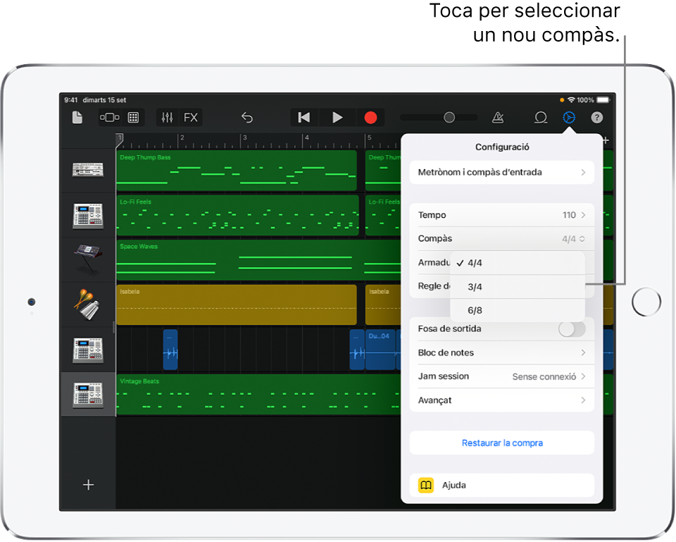 Configuració de cançó, inclosos els controls de compàs