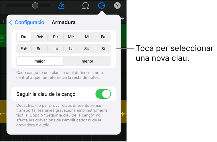 Configuració de cançó, amb els controls de clau