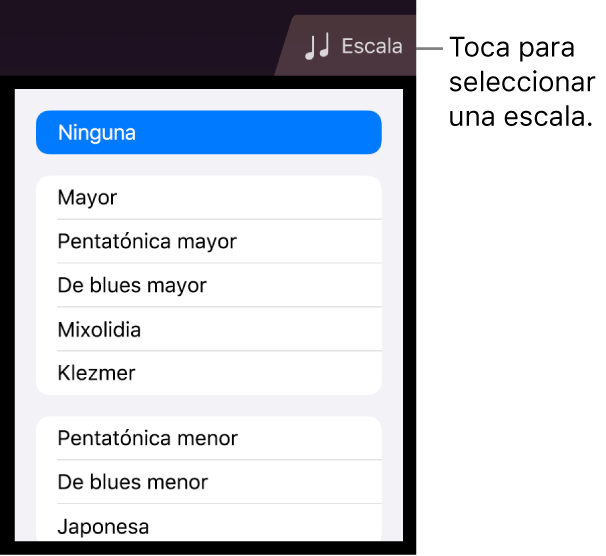 Botón "Escala de Cuerdas" y lista Escalas