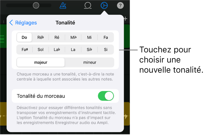 Réglages du morceau, y compris les réglages de tonalité