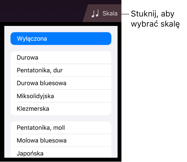 Przycisk skali instrumentu smyczkowego oraz lista skal