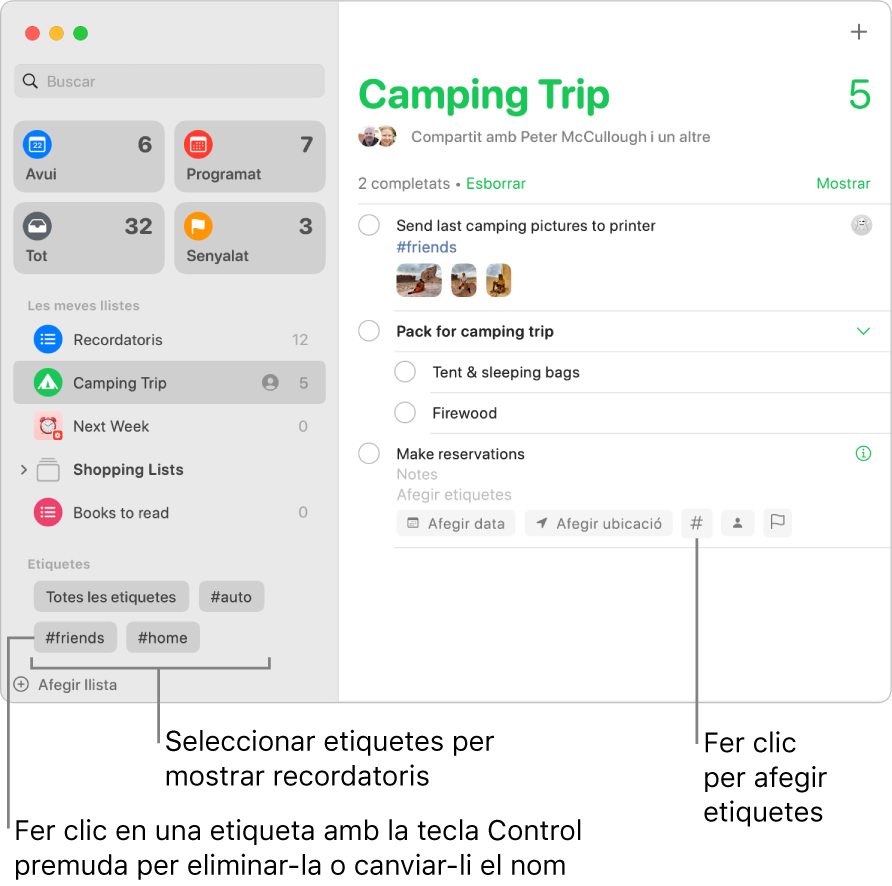 Una finestra de l’app Recordatoris amb diverses etiquetes a la barra lateral i un recordatori amb una etiqueta aplicada.