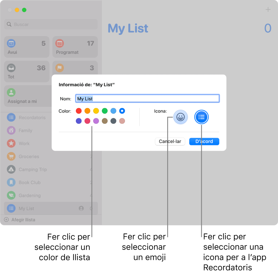 El quadre de diàleg Informació d’una llista de recordatoris que mostra les mostres de color i els botons de les icones.