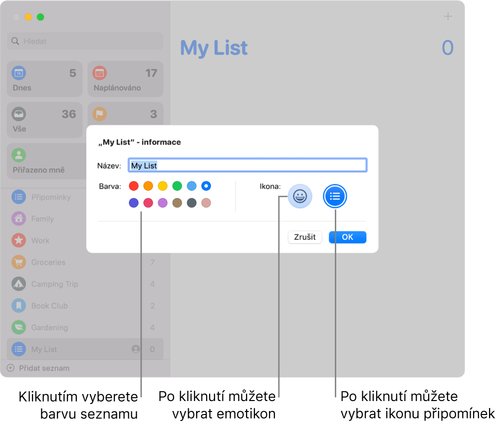 Dialogové okno Informace seznamu Připomínky s tabulkami barev a tlačítky ikon.