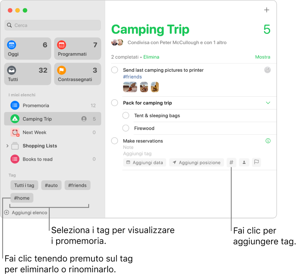 Una finestra di Promemoria che mostra diversi tag nella barra laterale e un promemoria con un tag applicato.