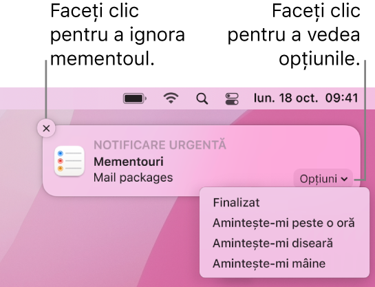 Notificare pentru un memento cu butoanele Finalizat și Mai târziu.