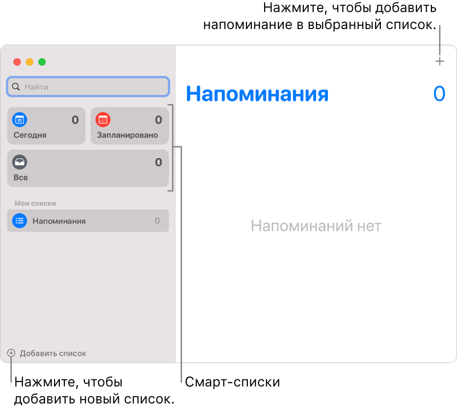 Окно приложения «Напоминания». Показана кнопка «Добавить список», кнопка «Добавить напоминание» и смарт-списки.