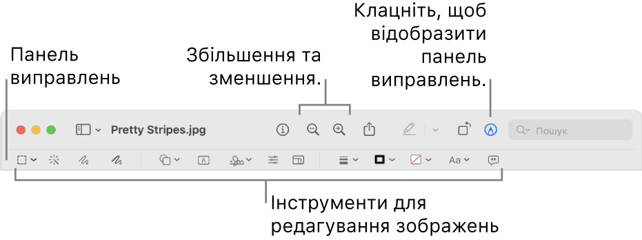 Панель «Виправлення» для редагування зображень.