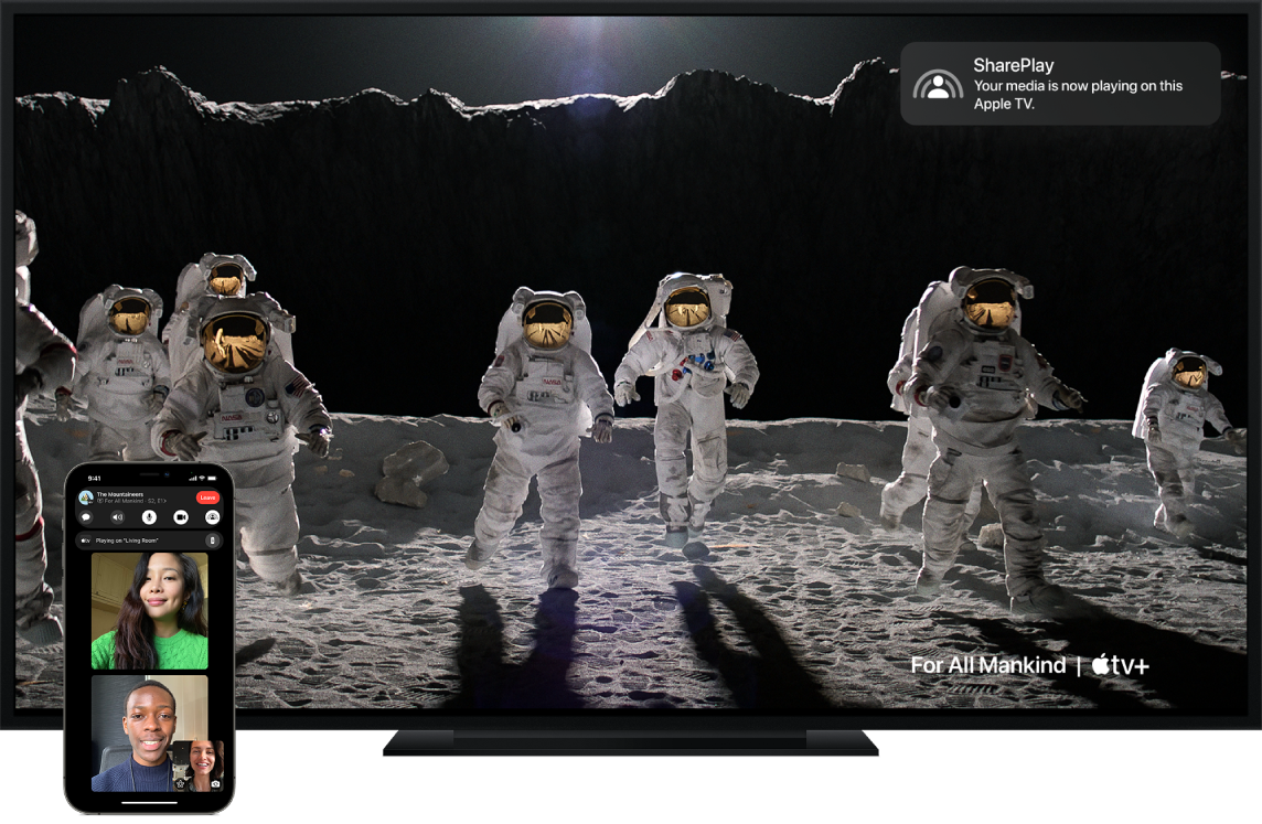 SharePlay example shown on an iPhone and Apple TV.