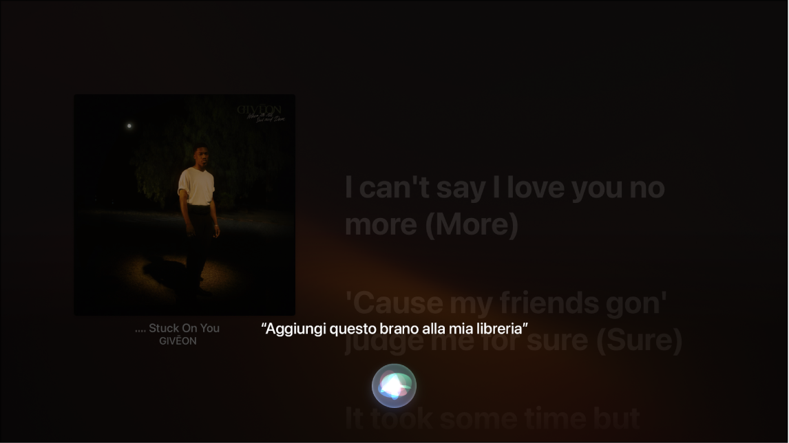 Un esempio che mostra come utilizzare Siri per aggiungere un album alla libreria personale dalla schermata “In riproduzione”