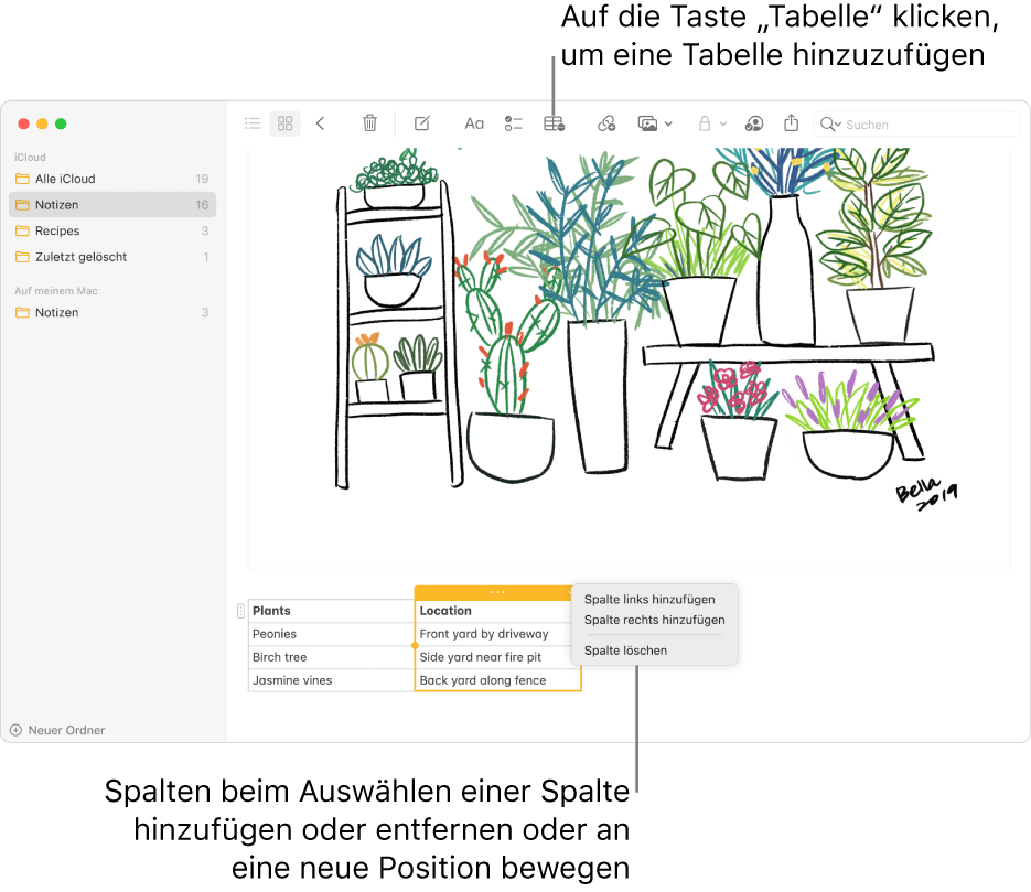 Das Fenster der App „Notizen“ mit der Taste „Tabelle“. Klicke auf diese Taste, um eine Tabelle hinzuzufügen. Im Inhalt der Notiz wird eine Tabellenspalte ausgewählt, sodass du weitere Spalten hinzufügen, vorhandene Spalten entfernen oder vorhandene Spalten an andere Positionen bewegen kannst.