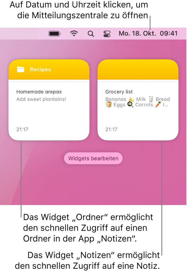 Zwei „Notizen“-Widgets. Das Widget „Ordner“ zeigt einen Ordner in der App „Notizen“ und das Widget „Notizen“ zeigt eine Notiz. Klicke in der Menüleiste auf Datum und Uhrzeit, um die Mitteilungszentrale zu öffnen.