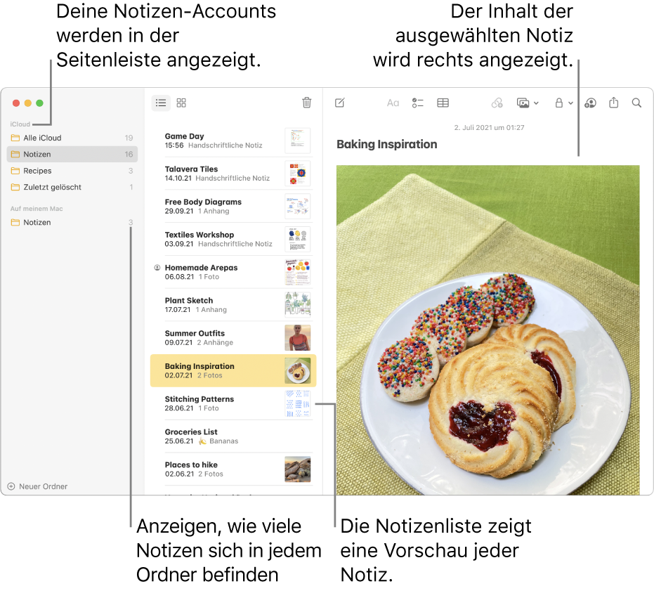 Das Fenster der App „Notizen“ mit allen konfigurierten Accounts und Ordnern in der Seitenleiste links, mit einer Liste von Notizen inklusive einer Vorschau jeder Notiz in der Mitte und dem Inhalt der aktuell ausgewählten Notiz rechts. Neben jedem Ordner wird die Anzahl der darin enthaltenen Notizen angezeigt.