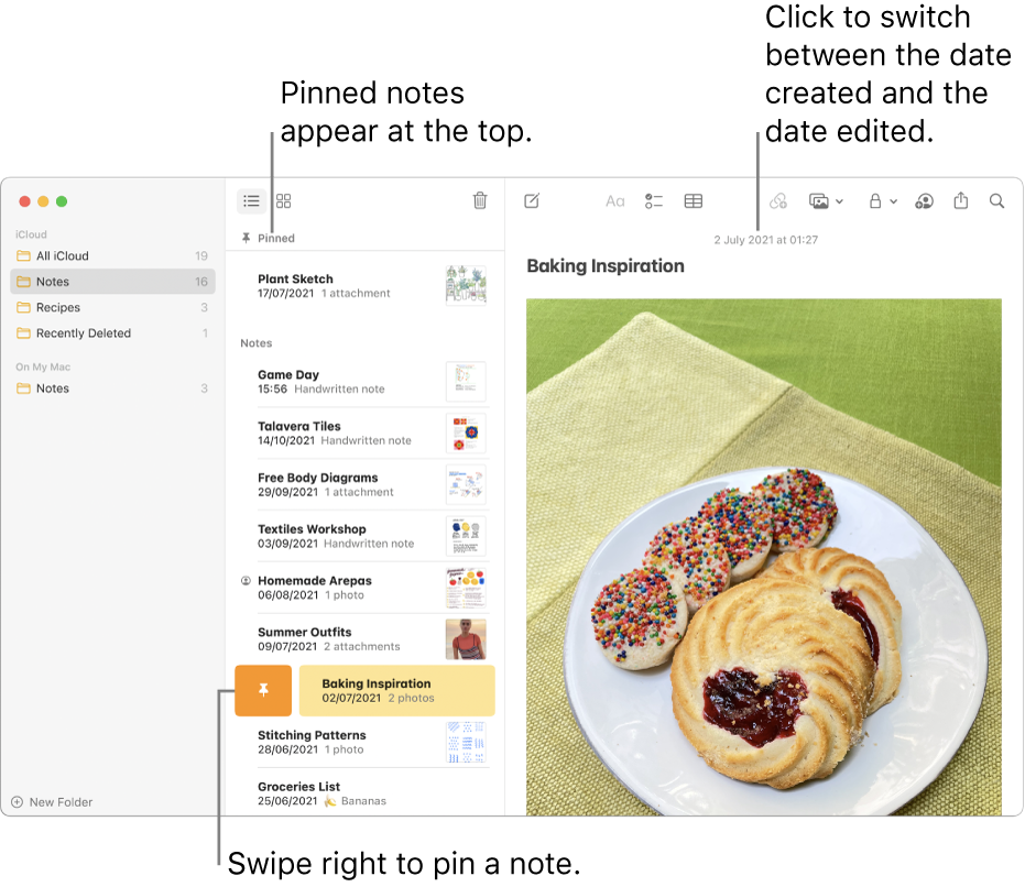 The Notes window with the list of notes in the middle, pinned notes at the top of the notes list, and the Pin button on one note. The content of that note appears on the right with the date at the top; click the date to switch between the date created and the date edited.