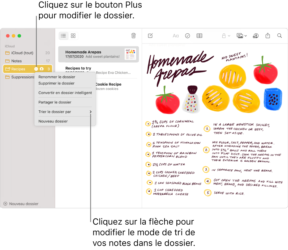 La fenêtre Notes avec un dossier dans la barre latérale affichant le bouton Plus, qui permet d’apporter des modifications à un dossier. Au-dessus de la liste des notes, au milieu, se trouve l’option de tri, qui permet de modifier l’ordre d’affichage des notes. Cliquez sur la flèche pour sélectionner un autre ordre de tri.