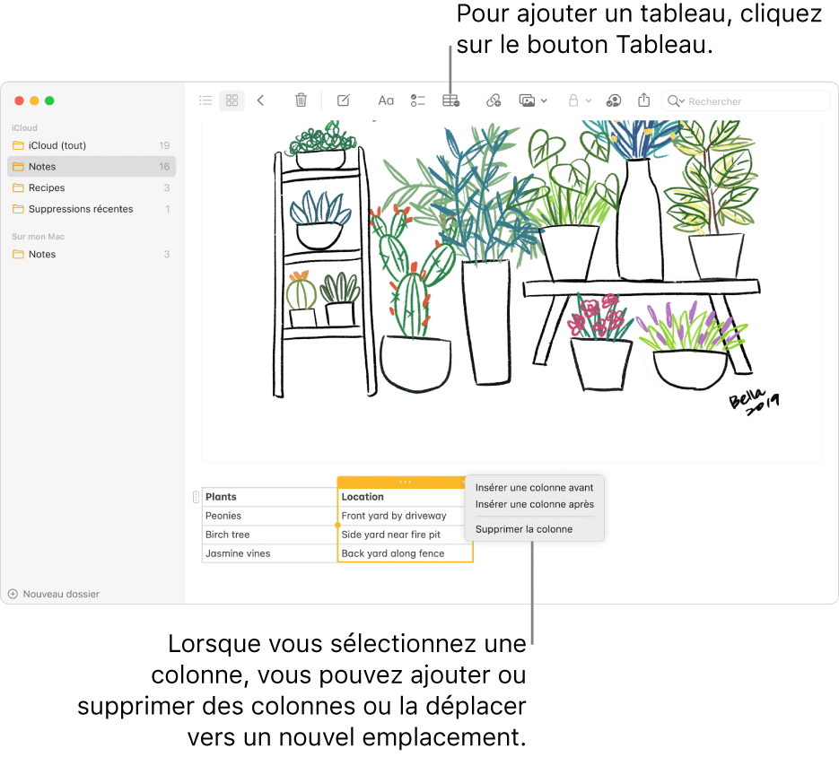La fenêtre Notes affichant le bouton Tableau. Cliquez dessus pour ajouter un tableau. Dans une note, une colonne de tableau est sélectionnée ; vous pouvez ajouter ou supprimer des colonnes, ou faire glisser la colonne une vers un nouvel emplacement.