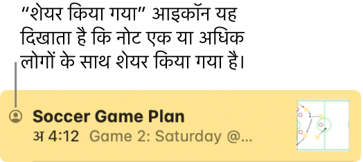 नोट के नाम के बाईं ओर शेयर किए गए आइकॉन के साथ, एक नोट जिसे दूसरों के साथ शेयर किया गया है।