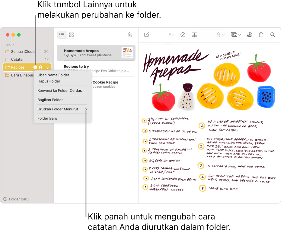 Jendela Catatan dengan satu folder di bar samping menampilkan tombol Lainnya tempat Anda dapat membuat perubahan ke folder. Di atas daftar catatan di bagian tengah terdapat pilihan pengurutan, yang mengubah urutan catatan—klik panah untuk memilih urutan pengurutan yang berbeda.