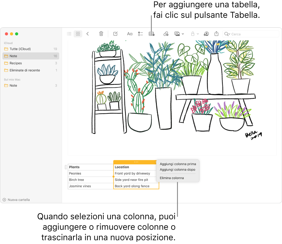 La finestra di Note che mostra il pulsante Tabella; fai clic su di esso per aggiungere una tabella. All'interno del contenuto della nota, viene selezionata una colonna della tabella in modo da poter aggiungere o rimuovere colonne oppure trascinala in una nuova posizione.