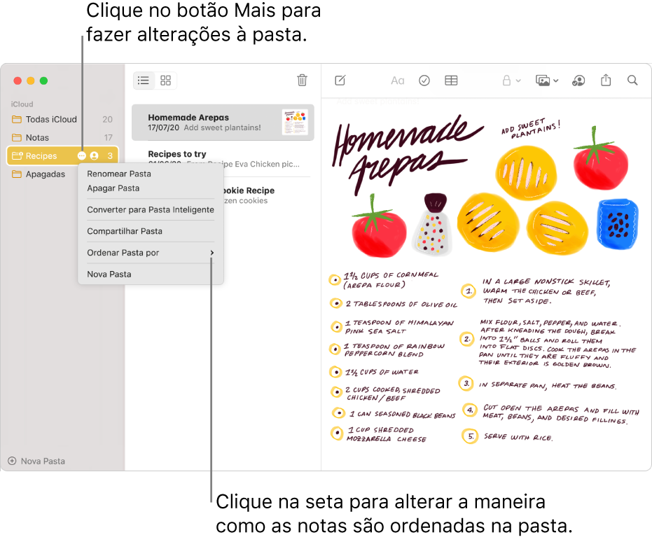 Janela do app Notas com uma pasta na barra lateral mostrando o botão Mais, onde você pode fazer alterações em uma pasta. Acima da lista de notas no meio, está a opção de ordenar, que altera a ordem das notas. Clique na seta para selecionar uma ordenação diferente.