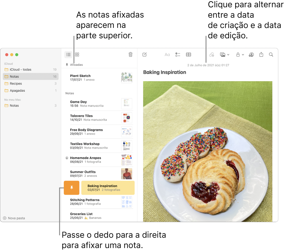 A janela da aplicação Notas com a lista de notas ao centro, as notas afixadas na parte superior da lista de notas e o botão Afixar numa nota. O conteúdo dessa nota aparece à direita com a data na parte superior; clique na data para alternar entre a data de criação e a data de edição.