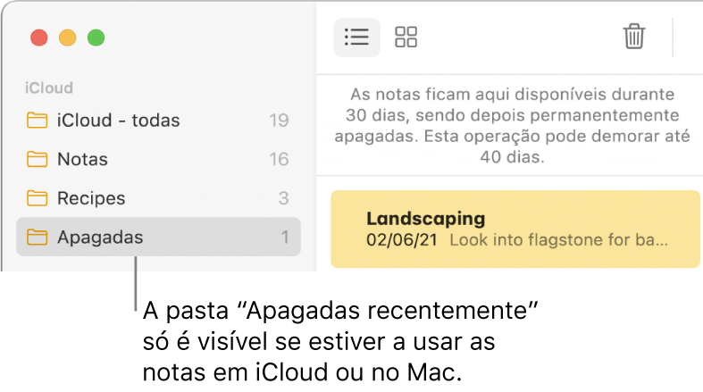 A janela da aplicação Notas com a pasta “Apagadas recentemente” na barra lateral e uma nota apagada recentemente. A pasta “Apagadas recentemente” só está disponível se estiver a usar as notas em iCloud atualizadas ou notas armazenadas no Mac.