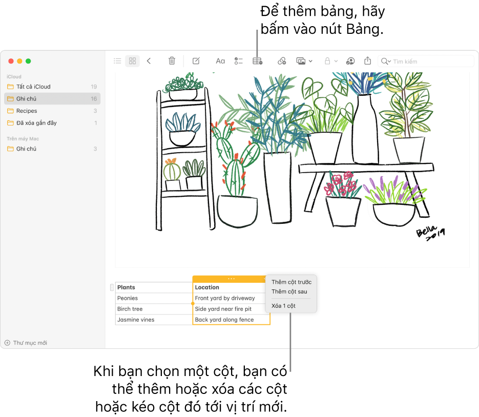 Cửa sổ Ghi chú đang hiển thị nút Bảng – bấm vào nút đó để thêm bảng. Bên trong nội dung ghi chú, cột bảng được chọn, do đó, bạn có thể thêm hoặc xóa các cột hoặc kéo cột bảng đó tới vị trí mới.