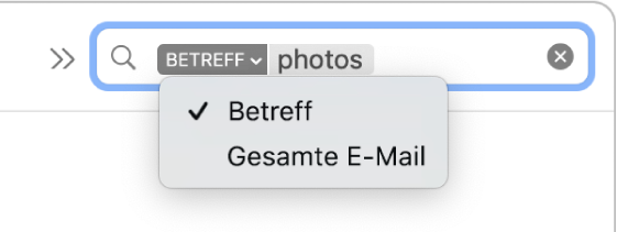 Ein Suchfilter, bei dem auf den Abwärtspfeil geklickt wurde, um zwei Optionen anzuzeigen: „Betreff“ und „Gesamte E-Mail“. „Betreff“ ist ausgewählt.