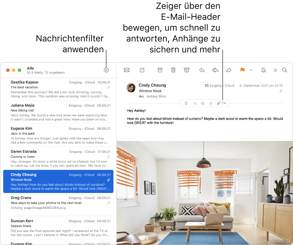 Das Mail-Fenster. Klicke auf die Taste „Filter“ in der Symbolleiste, um Nachrichtenfilter anzuwenden. Bewege den Zeiger über den Header-Bereich einer E-Mail, um Tasten zum Antworten, Sichern von Anhängen und mehr einzublenden.