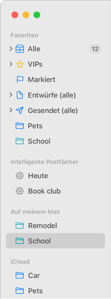 Die Seitenleiste von Mail mit den Standardpostfächern („Eingang“, „Entwürfe“ usw.) oben in der Seitenleiste und Postfächern, die lokal auf dem Mac oder in iCloud erstellt wurden.