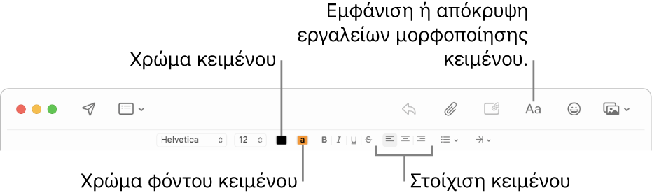 Η γραμμή εργαλείων και η γραμμή μορφοποίησης σε ένα παράθυρο νέου μηνύματος υποδεικνύουν το χρώμα κειμένου, το χρώμα φόντου κειμένου και τα κουμπιά στοίχισης κειμένου.