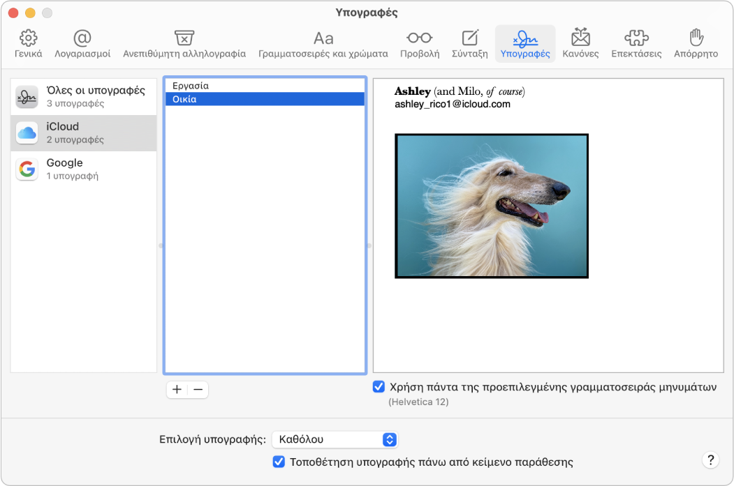 Το τμήμα προτιμήσεων για τις Υπογραφές του Mail, που δείχνει μια υπογραφή που περιέχει μορφοποιημένο κείμενο και μια εικόνα.