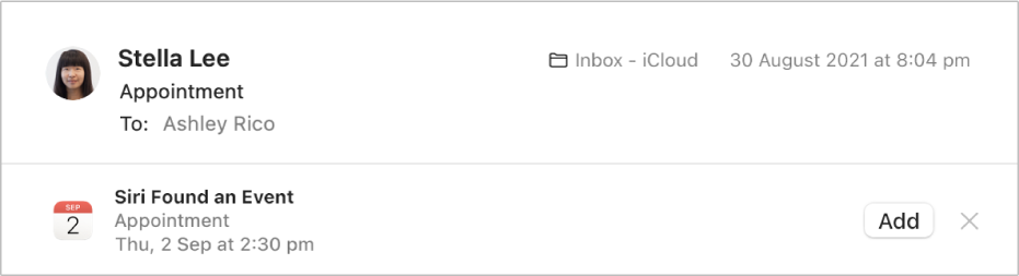 A banner below the message header in the preview area shows information about an event Siri found in the message. A link to add the event to Calendar is located at the right end.