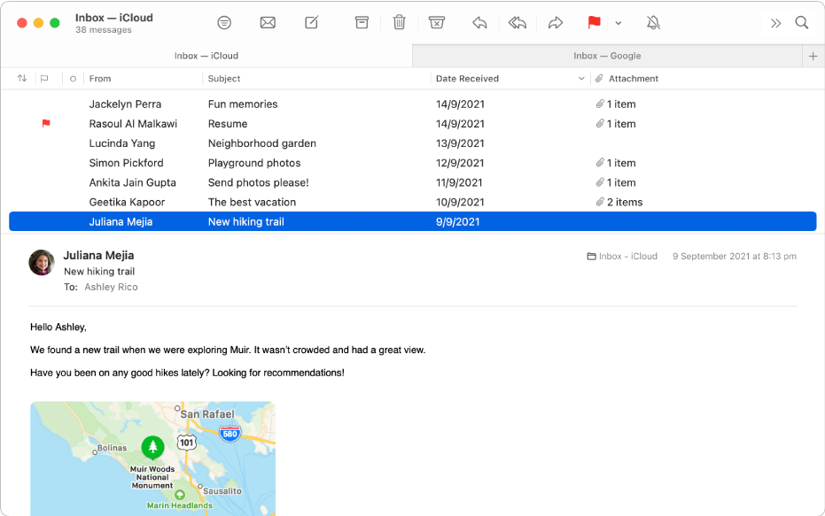 The Mail window showing the message list in column layout — with columns such as From, Subject and Date Received — and the message preview below the list.