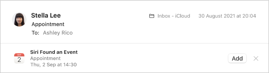A banner below the message header in the preview area shows information about an event Siri found in the message. A link to add the event to Calendar is located at the right end.