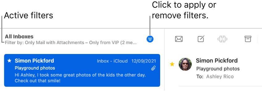 The Mail window showing the toolbar above the message list, where Mail indicates which filters, such as “Only from VIP”, are applied.