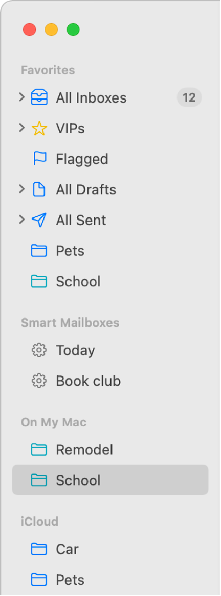 The Mail sidebar showing standard mailboxes (such as Inbox and Drafts) at the top of the sidebar and mailboxes you created in the On My Mac and iCloud sections.