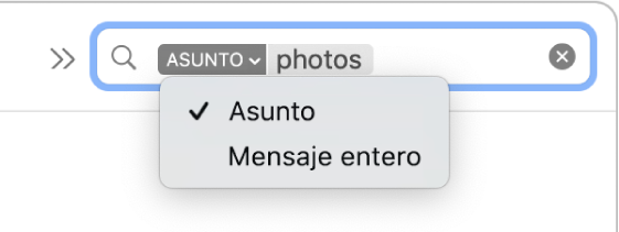 Un filtro de búsqueda en cuya flecha hacia abajo se ha hecho clic para mostrar dos opciones: Asunto y “Mensaje entero”. Se ha seleccionado Asunto.