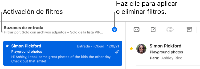 La ventana de Mail con la barra de herramientas sobre la lista de mensajes, donde Mail indica qué filtros, como “Solo de la lista VIP”, se están aplicando.