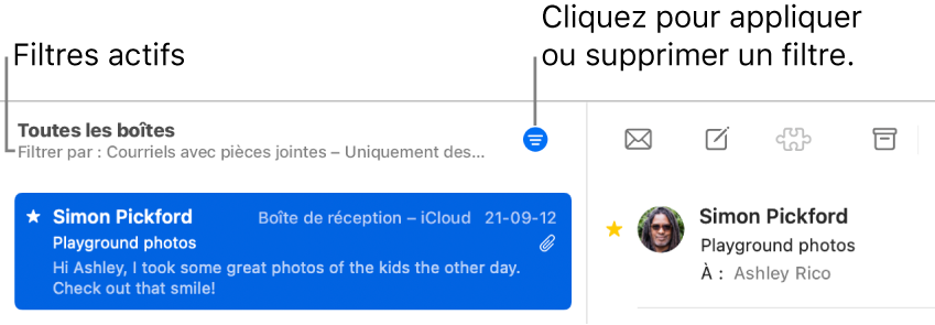 La fenêtre de Mail affichant la barre d’outils au-dessus de la liste des messages, où Mail indique quels filtres (par exemple, « Uniquement des VIP ») sont appliqués.